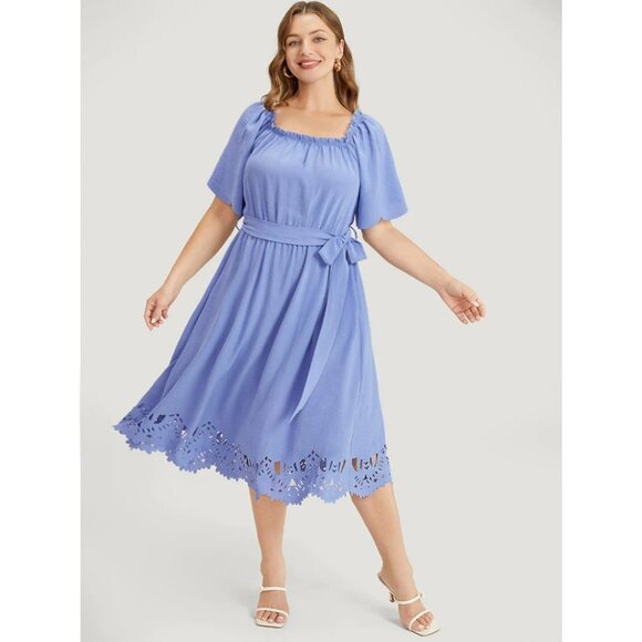 NWT BloomChic Blue Laser Cut Pocket Belted Frill Trim Off Shoulder Dress 12/L - Picture 4 of 12